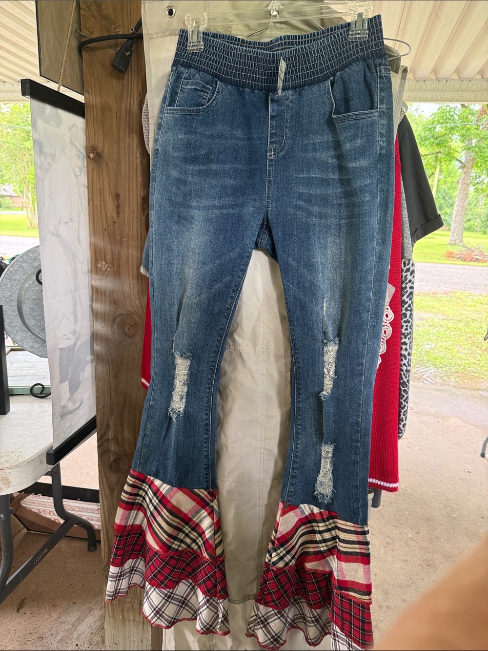 Distressed Blue Flare Jeans with Red Plaid Ruffle
